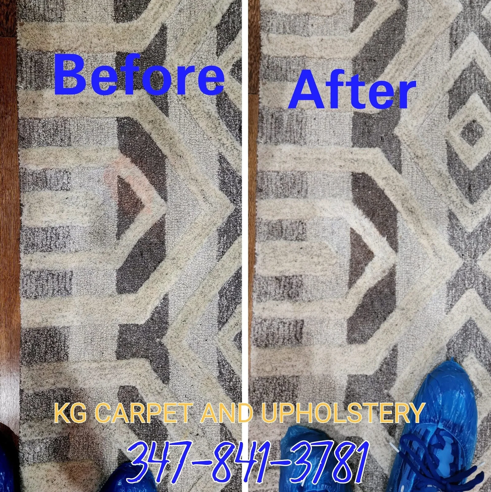 Before and after result of red stain removal from a gray geometric area rug by KG Carpet and Upholstery Cleaning Corp.