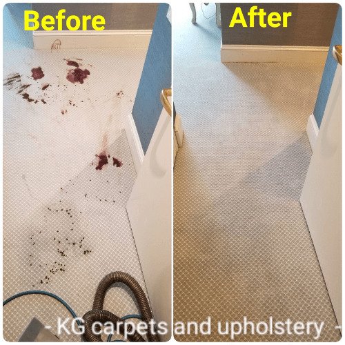 Before and after view of a light hallway carpet with multiple dark red stains professionally removed by KG Carpet and Upholstery Cleaning Corp.