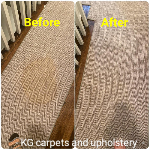 Before and after comparison of a herringbone stair runner with spots and discoloration removed by KG Carpet and Upholstery Cleaning Corp.