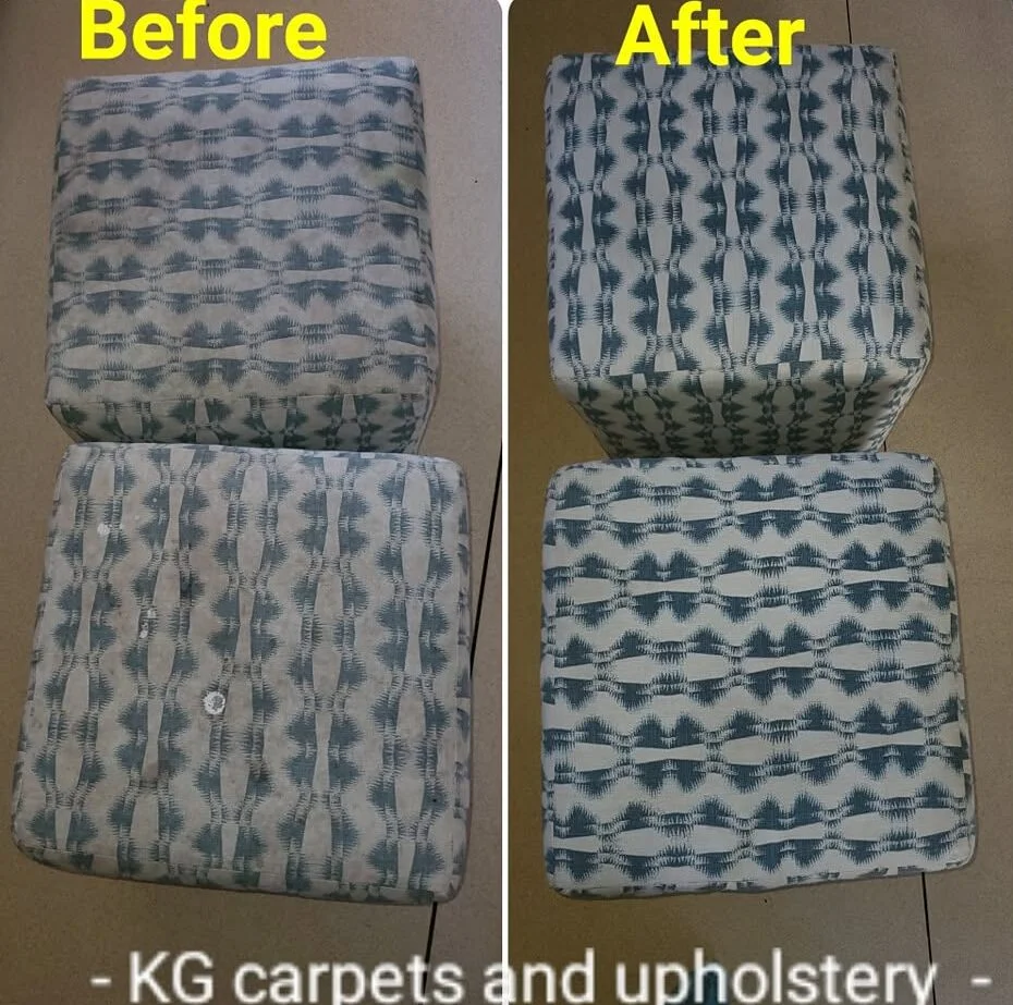 Before and after comparison of patterned ottoman cushions following professional upholstery cleaning by KG Carpet and Upholstery Cleaning Corp.